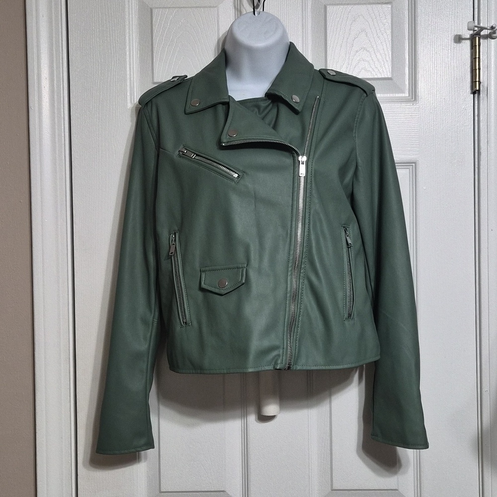 Nine West Fashion Faux Leather Moto Jacket Green Excellent Condition Size Small
